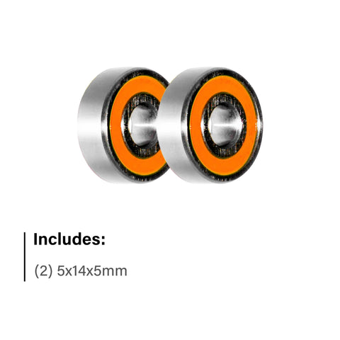 Two 5x14x5mm stainless steel and ceramic motor bearings with orange seals, front view.