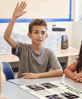 Students in a classroom with a Four Poster Timeline Of Eras In US History Set For Social Studies on desk