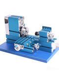 Top Shelf Compact Mini Metal Lathe Motorized Benchtop Milling System with blue alloy frame for precision crafting and model making.