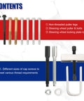 Contents of All In One Car Steering Wheel Puller Kit With Lock Plate Remover And Compressor Removal Set, bolts and tools