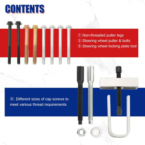Contents of All In One Car Steering Wheel Puller Kit With Lock Plate Remover And Compressor Removal Set, bolts and tools