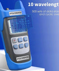 Front view of blue handheld optical power meter with LCD display and numeric keypad