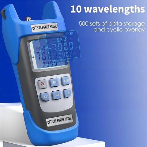 Front view of blue handheld optical power meter with LCD display and numeric keypad