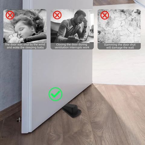 Black Rubber Door Stopper Wedge 2-Pack Heavy Duty Floor Door Stops for Carpet Tile Wood Gaps Up to 1.2 Inch in use on wood floor.