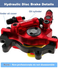 Close-up of Hydraulic Disc Brake Caliper Set for Mountain Bikes and E Bikes, 2 Piece Front and Rear, Red Finish, details highlighted.
