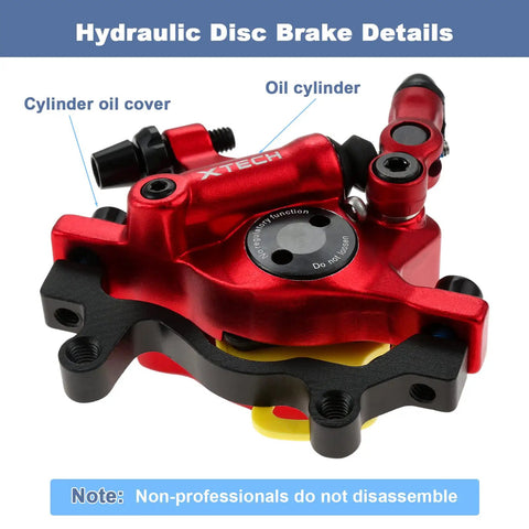 Close-up of Hydraulic Disc Brake Caliper Set for Mountain Bikes and E Bikes, 2 Piece Front and Rear, Red Finish, details highlighted.