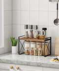 Totally Legit Countertop Shelf Organizer Rack, Rustic Brown Spice Holder with jars, on kitchen counter with plants and utensils.