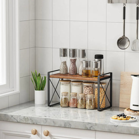 Totally Legit Countertop Shelf Organizer Rack, Rustic Brown Spice Holder with jars, on kitchen counter with plants and utensils.