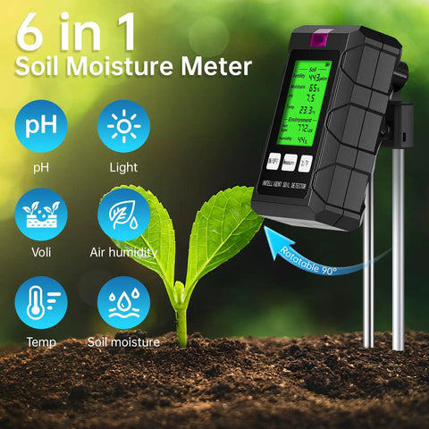All In One Soil Test Kit With Digital Moisture Meter And pH Tester Large Screen Measures Fertility Temperature Sunlight And Air Humidity For Garden Greenhouse And Farm Use For Your Garden Crew Requires 2 AAA Batteries, 6-in-1 display