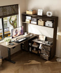 Cool L Shaped Electric Standing Desk In Dark Walnut With Smart Hutch And Built In Storage For Home Office, Moves From Sitting To Standing Fast With Memory Presets For Your Daily Work Grind, top view with monitor and storage.