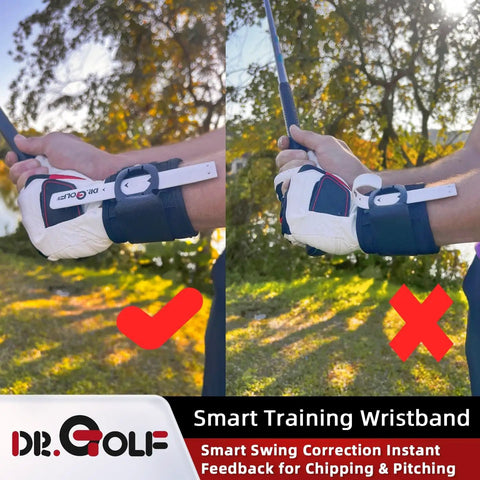 Golfer using Golf Wrist Band Swing Trainer For Chips And Pitches With Real Time Feedback To Fix Wrist Hinge And Angle outdoors.