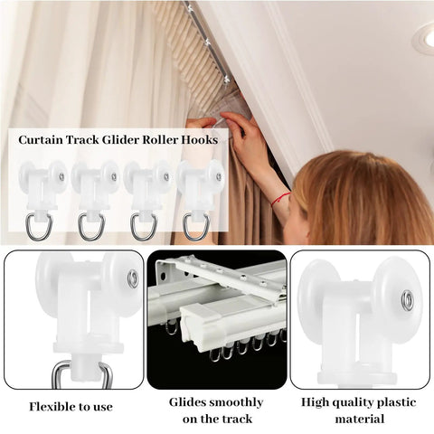 100 Piece Curtain Track Gliders And Hooks Set For Ceiling And Window Tracks Easy Install DIY Friendly Durable Plastic And Steel Rollers Mute Wheel Ball Pulleys For Shower Curtains And Replacement Hardware, white plastic glider hook on curtain track