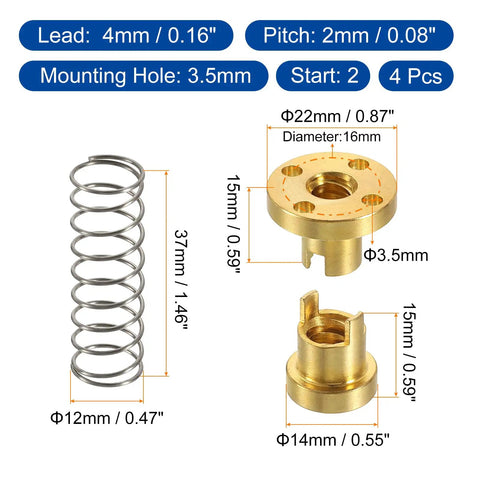 Tr8x4 POM Anti Backlash Spring Loaded Nut 4 Pack Elimination Gap Nut dimensions and components, gold, for DIY CNC and 3D printers