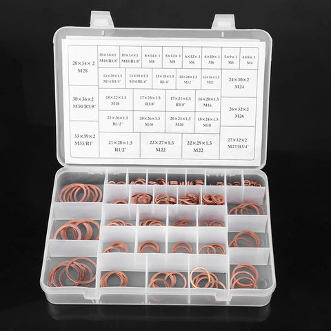 570 Pcs Copper Washers Flat Ring Set Kit 30 Sizes Sump Plug Sealing Gaskets For Car Marine Generator Engines With Plastic Storage Box Solid Metal Heavy Duty Assortment open box