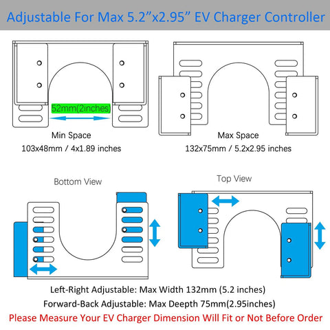 Solid Metal EV Charger Wall Mount Holder Adjustable Universal Electric Vehicle Charging Box Organizer Cord Rack dimensions and adjustments guide.