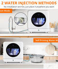 Hella Compact Countertop Dishwasher With Built In Five Liter Tank showing Faucet Mode and Self-Priming Water Mode setups.
