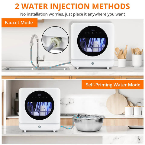Hella Compact Countertop Dishwasher With Built In Five Liter Tank showing Faucet Mode and Self-Priming Water Mode setups.