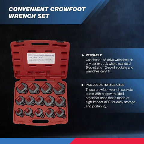 Crowfoot Wrench Set 1/2 Inch Drive SAE Jumbo Size 1-1/16 to 2 Inch Cr-Mo 14 Piece in red storage case