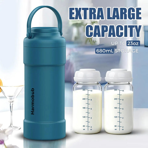 Portable Breast Milk Cooler With 360 Degree Cooling keeps travel bottles ice cold for up to 24 hours, featuring two 300ml storage bottles.