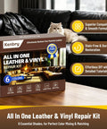 No Sweat Leather And Vinyl Repair Kit For Car Seats Couches And Furniture With Color Matching Patches adhesive compound and tools on table.