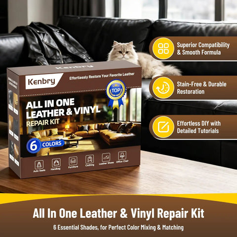 No Sweat Leather And Vinyl Repair Kit For Car Seats Couches And Furniture With Color Matching Patches adhesive compound and tools on table.