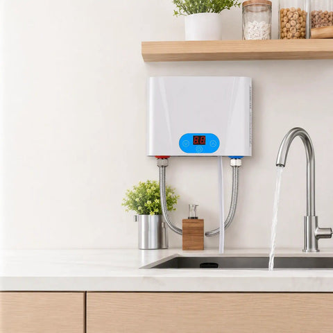 Heavy Duty Electric Tankless Water Heater Pumps Out Straight Up Instant Hot Water On Demand with a Sleek Digital Display and 5500 Watt Heating Element for Reliability You Can Count On in Your Kitchen or Bath Setup mounted under sink with running water.