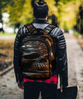 Ornate Dark Royal Skull Printed Unisex Backpack With Large Capacity worn by person, outdoors