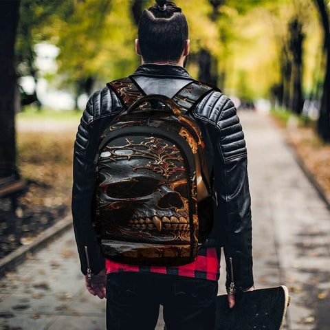 Ornate Dark Royal Skull Printed Unisex Backpack With Large Capacity worn by person, outdoors