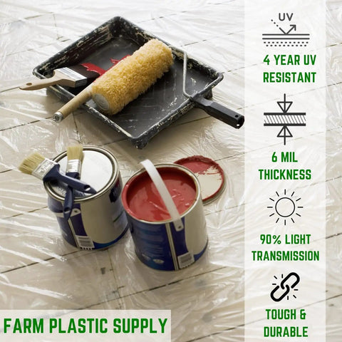 Ultra Clear 6 Mil Plastic Sheeting For Indoor And Outdoor Use 12x25 Durable Drop Cloth with paint cans and roller