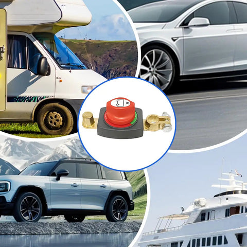 Built Tough Top Post Battery Disconnect Switch For 12V And 48V Trucks Waterproof Auto Marine Power Isolator on a vehicle dashboard.