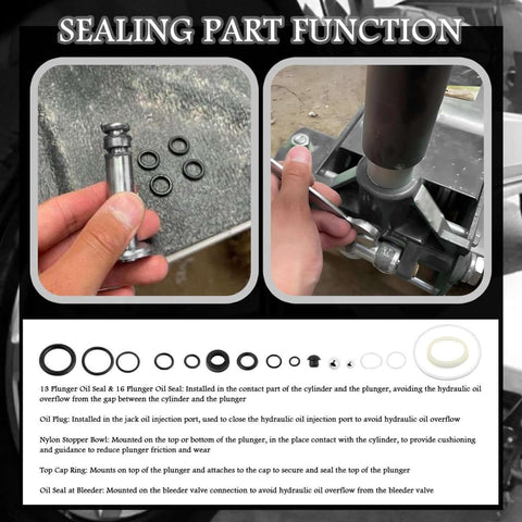 Sixteen Piece Hydraulic Jack Seal Kit For Three Ton Floor Jacks With O Ring Seals And Oil Plug Pro Grade Oil Sealing Kit shown with installation.