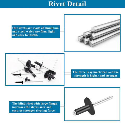 Heavy Duty Pop Rivet Gun Coupled With A Game Changing Assortment Kit, Featuring Rugged Black Rivets and large flange fasteners shown in detail.