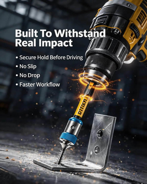 DTTIYXI 6‑pc magnetic screwdriver bit set with 1/4 in hex shank (PH1–PH3), S2 steel, shown with drill