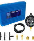 All in One Vacuum and Fuel Pump Tester Gauge Kit for Your Ride, Check Fuel Pump Pressure, Fuel Pump Vacuum, Carburetor Intake Manifold Vacuum, and Vacuum Tests With Easy to Follow Instructions. Blue case with gauge and adapters