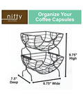 Single Serve Coffee Pod Basket Stacked Two Tier Wire Organizer For K Cups Keeps Your Flavors Handy On The Counter Office Or Home Kitchen Modern Black Finish showing dimensions