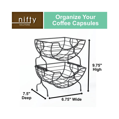 Single Serve Coffee Pod Basket Stacked Two Tier Wire Organizer For K Cups Keeps Your Flavors Handy On The Counter Office Or Home Kitchen Modern Black Finish showing dimensions