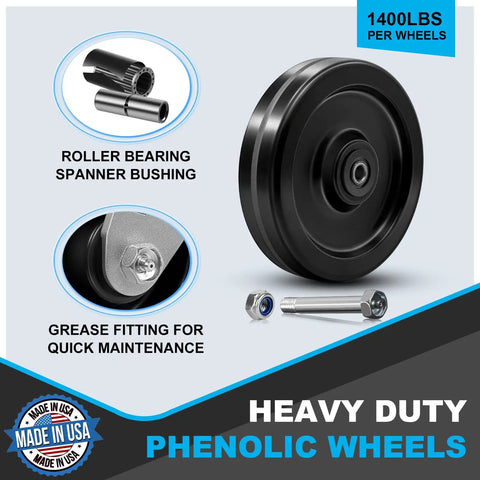 Heavy Duty Industrial Casters With Phenolic Wheels For Tough Jobs High Temperature Range Minus Fifty To Two Hundred Fifty Degrees Fahrenheit Half Inch Roller Bearings Non Marking 8 Inch By 2 Inch Caster Set 5600 Lbs Load Capacity Pack Of Fifty