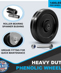 Hardcore Eight Inch By Two Inch Heavy Duty Casters Featuring High Temp Phenolic Wheels And Precision Rollers showcasing roller bearing spanner bushing.