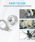 12 Piece Bicycle Axle Nut And Safety Washers Kit With Three Sizes M8 M9.5 M10 For Front And Rear Wheels Fits Mountain Road Kid City Bikes Black And Silver Nut Washers Set Easy DIY Replacement Pro Grade displayed with close-up installation.