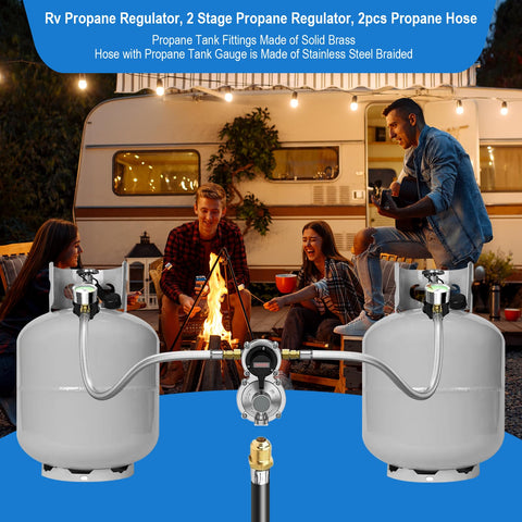 Two Tank Propane Regulator Kit With Auto Changeover And Two Hose Set installed on camper, shows brass fittings and hoses.