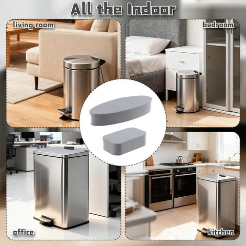 Six-pack grey adhesive wall bumper guards for round or square trash cans; for kitchen, bathroom, and office.