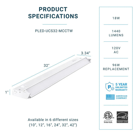 LED Swivel Under Cabinet Light Kit With 5 Color Temperature Options, 32 Inch, 18W, 120V, 1440 Lumen, ETL Listed specifications