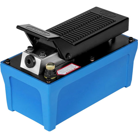 Front view of blue Mophorn air-hydraulic pump with foot-operated treadle, 10,000 PSI, 1/2 gal reservoir.