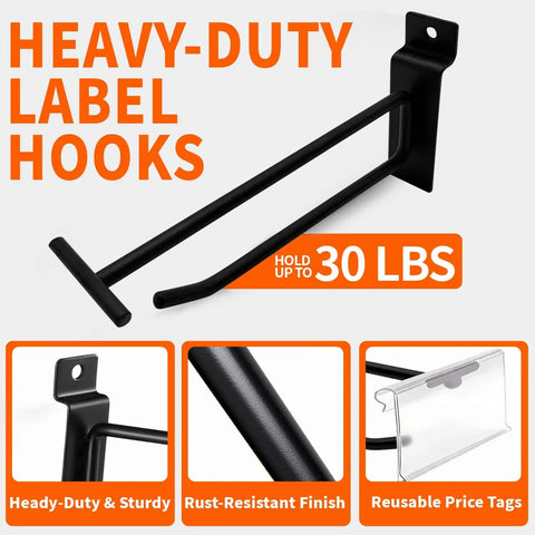 Heavy Duty 6 Inch Slatwall Hooks With Label Holder 50 Pack Double Bar Black Metal Slatwall Hangers For Retail Shop And Garage Display
