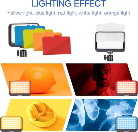 Lighting effects with Two Pack LED Video Light Kit With Adjustable Tripod Stands, Dimmable Continuous Lighting, 5 Color Filters.