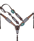 Top Shelf Western Leather Headstall And Breast Collar Tack Set With Lucky Dice Tooling Antique Copper Hardware And Checkyard Patterns Built For Any Arena Run, featuring racing design.
