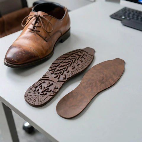 2 Pack Heavy Duty Rubber Sole Replacement Patches For Work Boots And Casual Sneakers on table next to worn brown dress shoe.