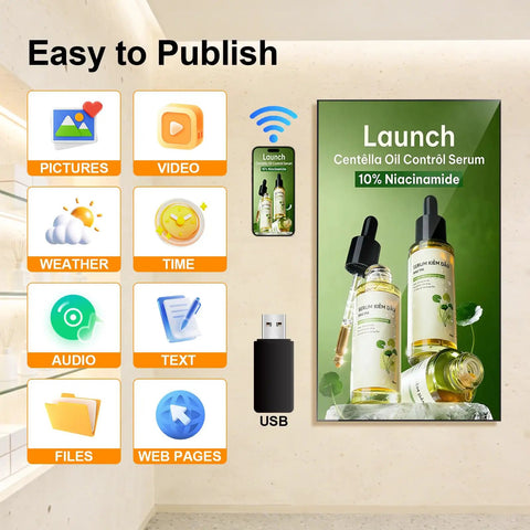 32 Inch Wall Mount Digital Signage Display With Straight Up Sharp 2K Feed And A Slim Frameless Body showcasing Centella Oil Control Serum.