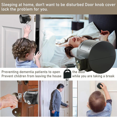 Straight Up Secure Child Proof Door Knob Lock Cover Prevents Turning For Home Rentals Job Sites Black Keyed Alike, shown in use on a door.
