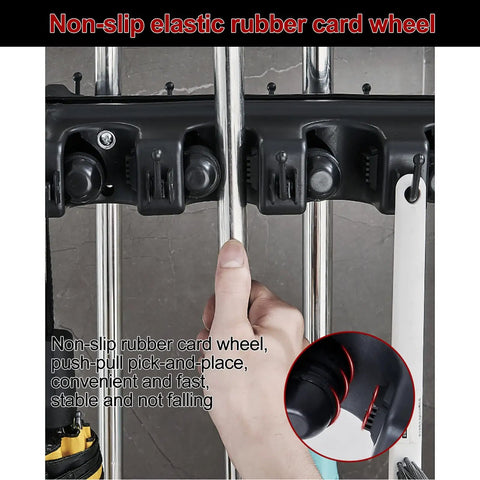 Close-up of Mop And Broom Holder Heavy Duty Stainless Steel Tool Rack with rubber wheels in use.